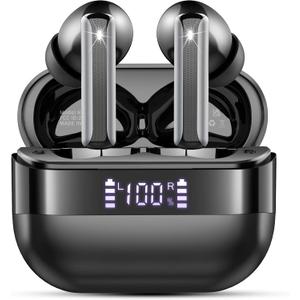 Wireless Earbuds, 2025 Bluetooth 5.4 Headphones Bass Stereo, Ear Buds with 4 Mics ENC Noise Cancelling, Bluetooth Earbuds 48H Playtime LED Display Charging Case, IP7 Waterproof in Ear Earphones Black