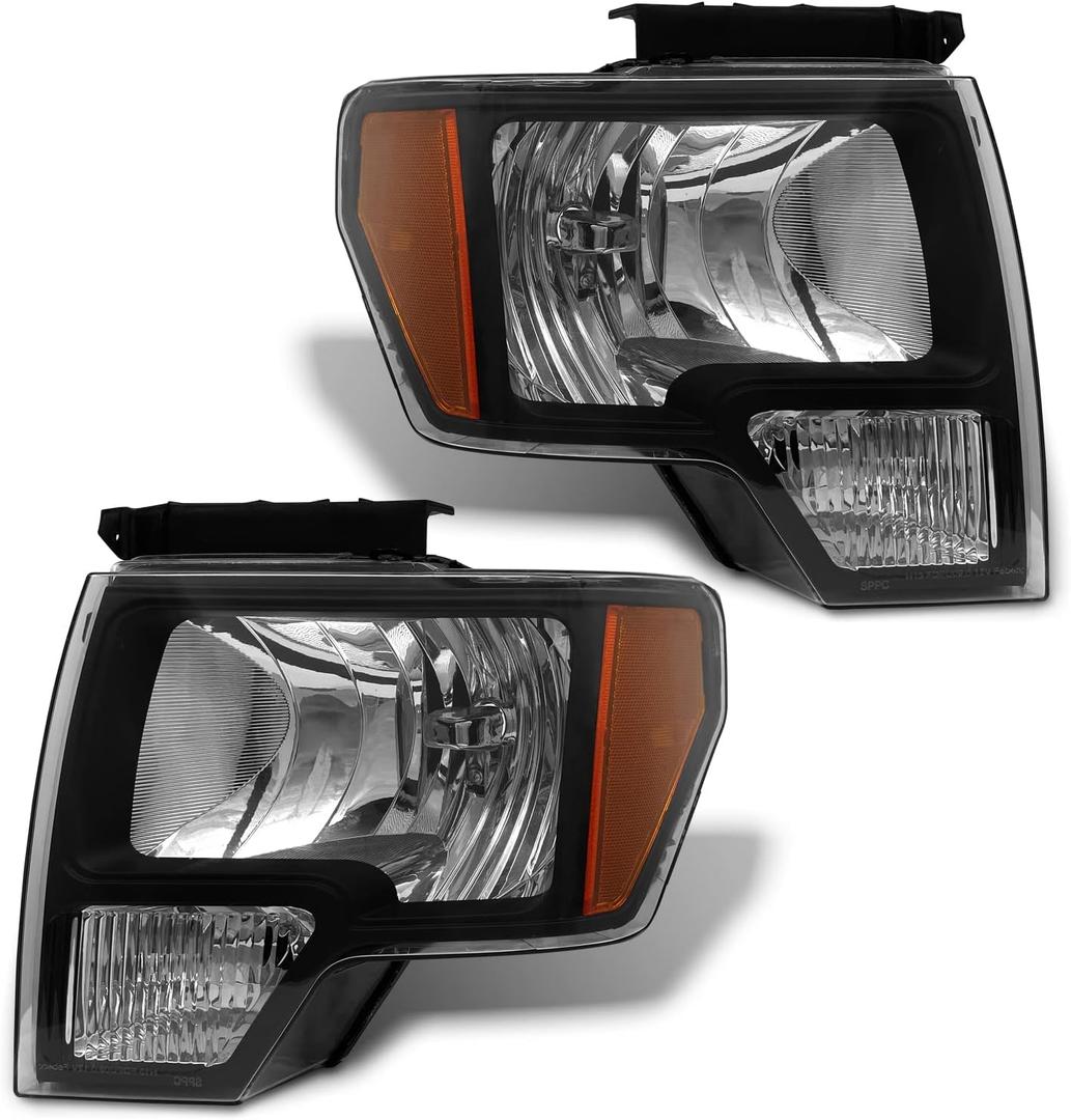 2009 2010 2011 2012 2013 2014 Ford F150 Pickup Headlight Assembly for 09 10 11 12 13 14 Ford F150 Clear Lens Black Housing with Amber Reflector Headlamp Replacement Left and Right Pair