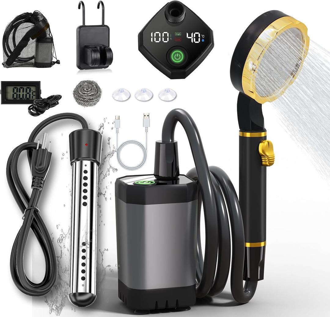 BSEED Portable Shower for Camping with Immersion Water Heater, 6000mAh Rechargeable Camping Shower with Intelligent LED Display, Outdoor Shower for Hiking, Travel, Pets & Car Washing, Wartering Plants, Black