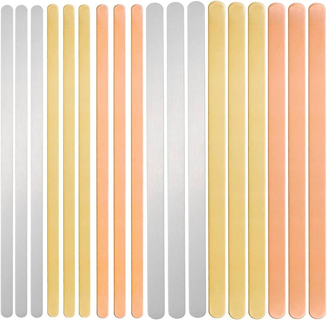 ABBECIAO 18Pack Aluminum, Brass and Copper Cuff Bracelet Blanks Deburred for Metal Stamping and Engraving (1/4"x 6" and 3/8"x 6")