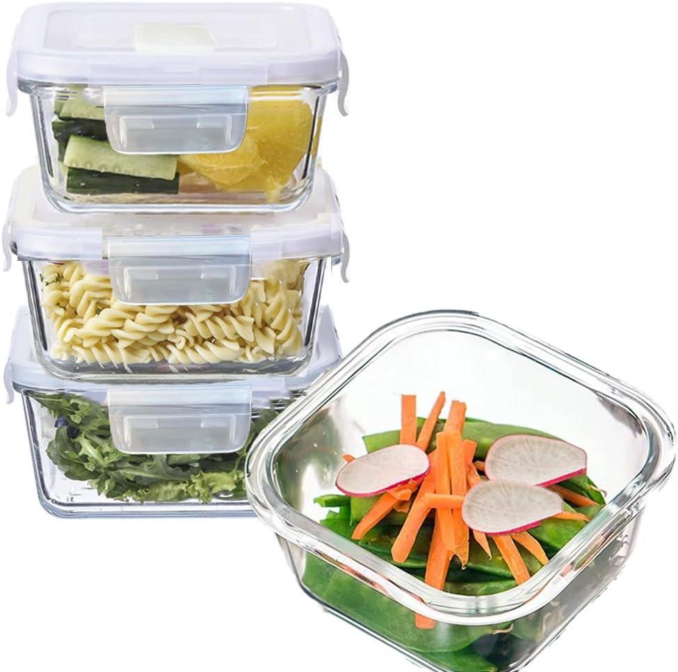 R.repad yay 4 Square Glass Food Storage Containers, Small Square Storage Containers With Airtight Lids Leakproof, BPA free 16oz Glass Meal Prep Bowls, Dishwasher, Microwave, Freezer Safe (White)