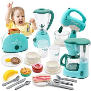 Pretend Play Kitchen Appliances Toy Set, Kids Kitchen Accessories Set - Coffee Maker, Toaster, Mixer, Blender with Light and Sound, Food Playset, Dishes for Girls Boys Kids Ages 3 4 5 6 7 8