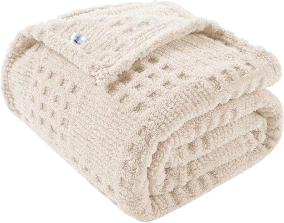 50x70 Inch Waffle Beige Throw Blanket -Fluffy Fleece, Neutral Tan Color, Cute & Aesthetic, Perfect for Sofa, Couch, Chair, Bed, Living Room & Bedroom, All-Season Use, Plush & Cozy Decorative Blanket