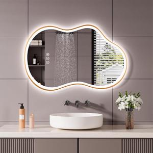 WTTY LED Irregular Bathroom Mirror 24x36 Inch with Front & Back Lights - Asymmetrical Design, Anti-Fog, Dimmable 3 Color Temperatures, Shatterproof Glass, Horizontal or Vertical Mount (Gold Frame)