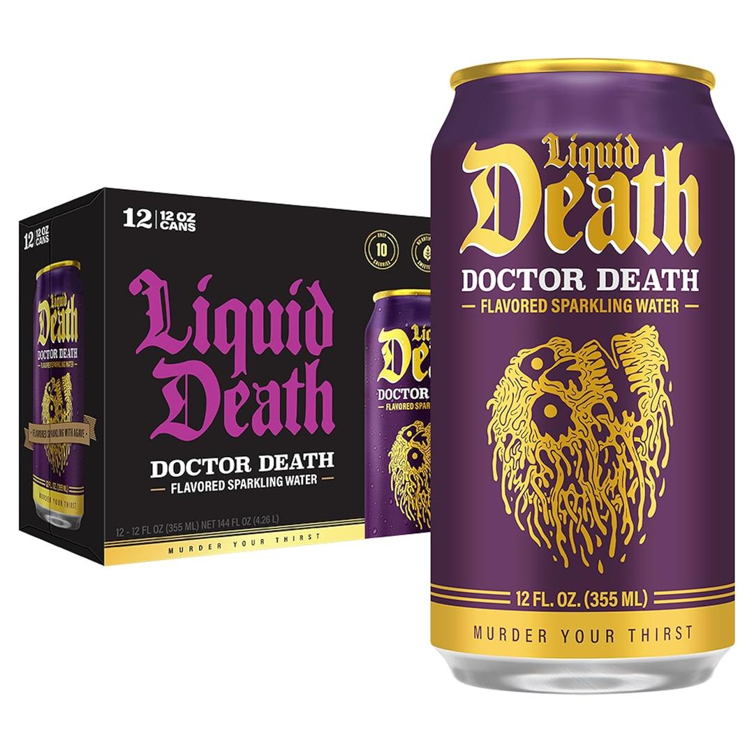 Liquid Death, Doctor Death, Soda-Flavored Sparkling Water, 12-Pack (12oz Cans), Low Sugar, Huge Flavor & No Artificial Sweeteners, Best By: 06/25/27 Liquid Death, Doctor Death, Soda-Flavored Sparkling Water, 12-Pack (12oz Cans), Low Sugar, Huge Flavor & No Artificial Sweeteners, Best By: 06/25/27