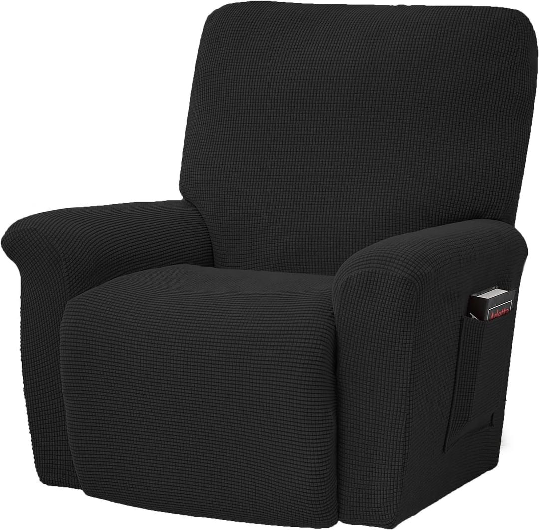 CONRUSER Stretch Recliner Chair Covers, 4-Piece Soft Sofa Cover Thick Single Seat Couch Cover Jacquard Recliner Slipcover with Pocket (Black)