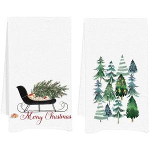 UTELKA Green Christmas Tree Bathroom Towels, Winter Xmas Kitchen Hand Towel Set of 2, Winter Festive Holiday Tea Dish Towels for Farmhouse Green Christmas Decor for Mom Women 16x24
