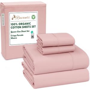 RUVANTI 100% Organic Cotton Sheets Queen Size, Percale Weave, GOTS Certified, 4-Piece Set, Deep Pocket 15", Crisp & Breathable, Soft Durable Bedding, Sbanas Algodn Orgnico Peach Skin