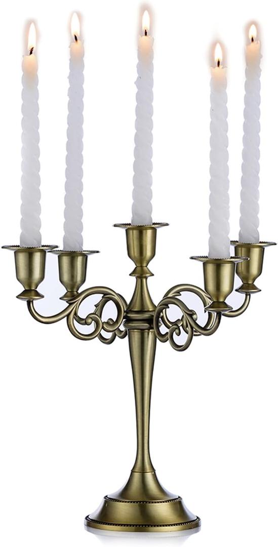 Sziqiqi Candelabra Candlestick Holder for Taper Candles for Wedding Event Candle Centerpiece Home Holiday Decoration, Zinc Alloy 5-stem 10.6in, Bronze Finish