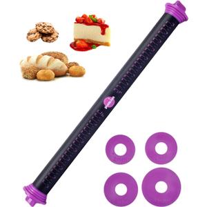 Silicone Rolling Pin with Thickness Rings, Adjustable Designs for Fondant, Cookie Decorating, Pasta, Pizza, 23.6 inch Purple Large Long Pin