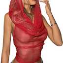 Floerns Rave Outfits for Women Sexy Backless Hoodie Draped Halter Tank Top Going Out Concert Festival Party Streetwear (Small, Red Mesh)