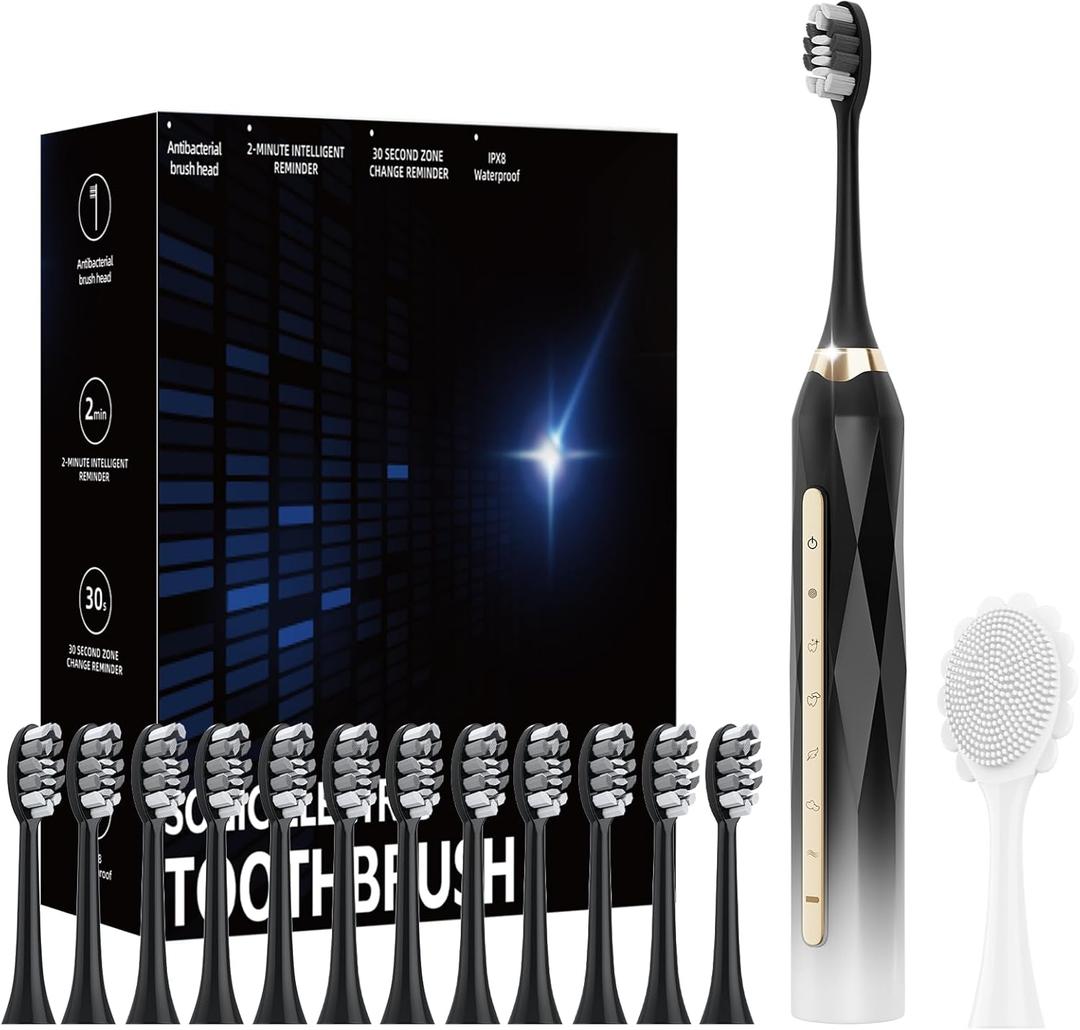 Adult Sonic Electric Toothbrush, USB Rechargeable Sonic Toothbrush, with 12 Brush Heads, 5 Modes, Equipped with Cleaning Brush, Brushing and Washing Two in one (Black White)