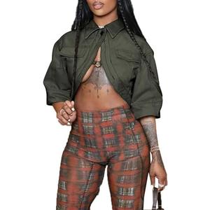 Symina Jackets for Women Casual Short Sleeve Sexy Cropped Denim Jacket Cut Out Button Down Top Clubwear Size L