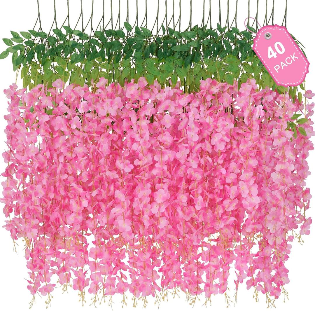 40 Pack Wisteria Hanging Flowers,Hanging Flowers,Fake Wisteria, Hanging Flowers for Decoration,Artificial Flowers,Vines for Bedroom, Wisteria for Wedding Decorations for Home Party(3.6 Ft/Pcs, Pink)