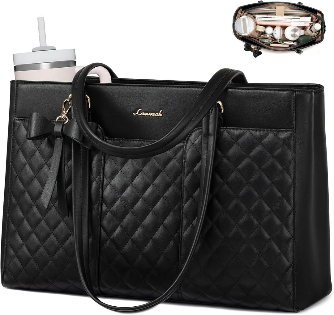 LOVEVOOK Laptop Tote Bag for Women,17.3 Inch Work Bags PU Leather Teacher Tote Bag,Waterproof Quilted Computer Bag for Office Professional Briefcase Gifts