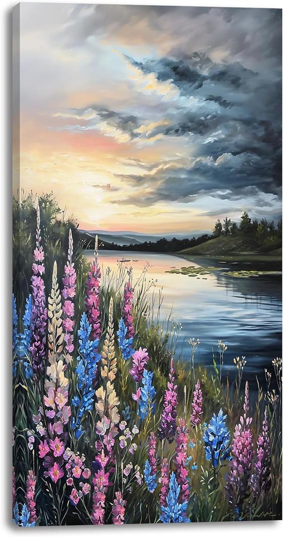 LASMOND Beautiful Colorful Grassland by Riverbank Landscape Wall Art Decor Artwork for Bedroom (24x48 Inches) (46L" x 23W")