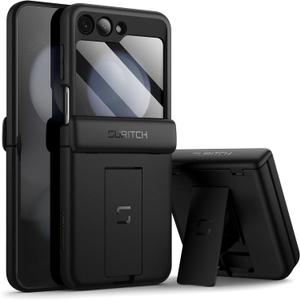 SURITCH for Samsung Galaxy Z Flip 5 Case with Built-in Screen Protector & Kickstand & Hinge Protection, Full-Body Shockproof Protective Cover for Z Flip 5 (2023) -(Black)