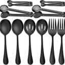 10 PCS Stainless Steel Serving Utensils, Large Serving Spoons Slotted Spoons, Serving Forks, Serving Tongs, Ice Suger Tongs, Metal Utensils Set Great for Buffet Catering Banquet Party (Black)
