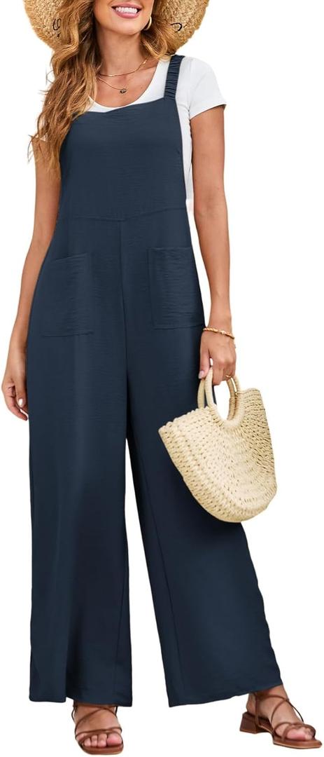 Dokotoo Womens Casual Jumpsuits Front Pocket Loose Elasticity Straps Overalls One Piece Sleeveless Wide Leg Pant Romper (Large, Navy Blue)
