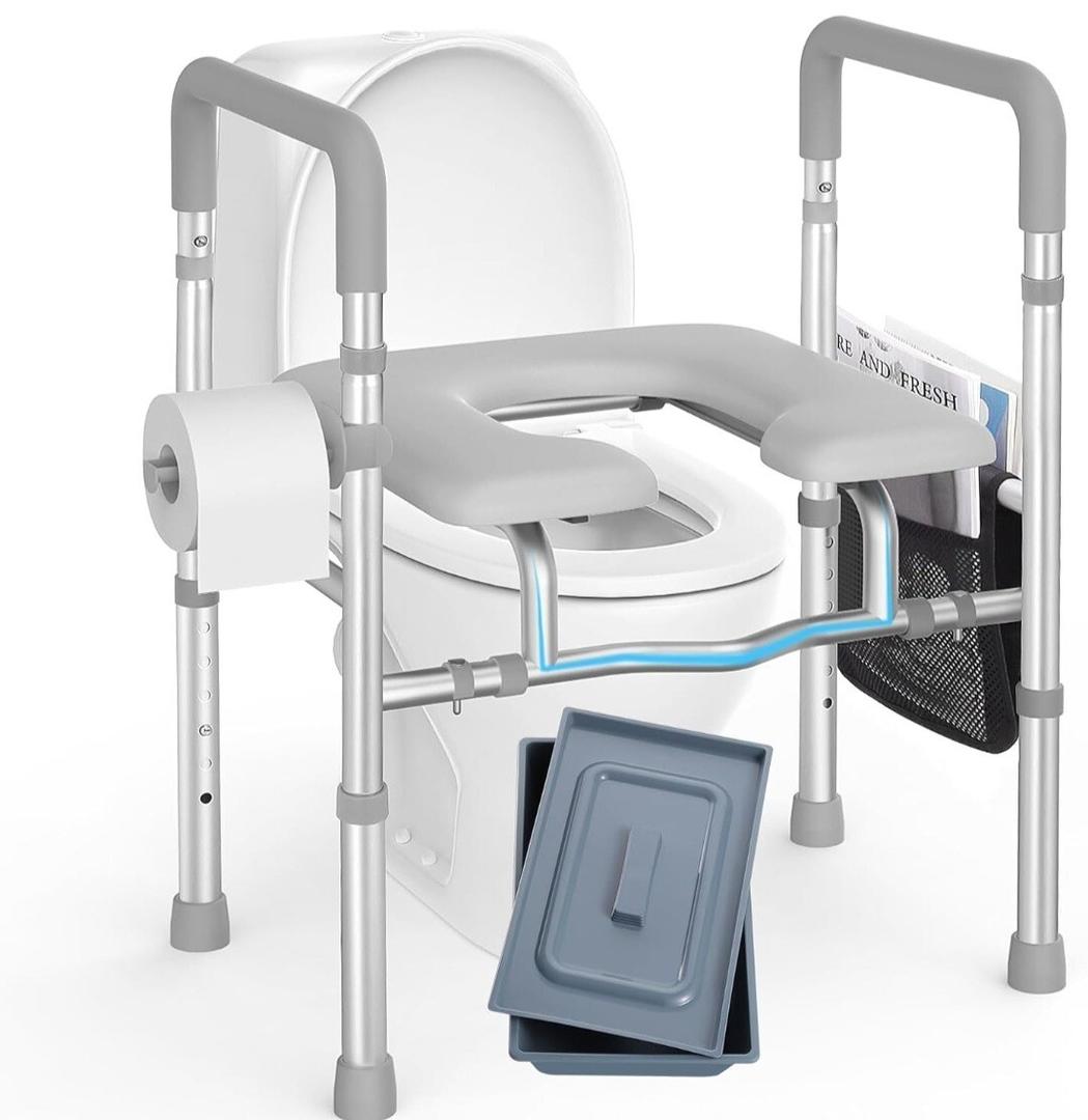 Roylvan Raised Toilet Seat with Handles -HSA 400LB Adjustable Width Height Elevated Toilet Seat Riser for Seniors with Cozy Padded Armrests Handles Paper Holder Bedside Commode for Elderly, Silver