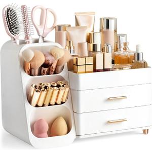 HBlife Makeup Organizer with Brush Holder for Vanity, Large Plastic Bathroom Countertop Organizer Skin Care Storage, Easy to Store Lipsticks, Nail Polishes, Perfumes, Eyeshadow Palettes, All White