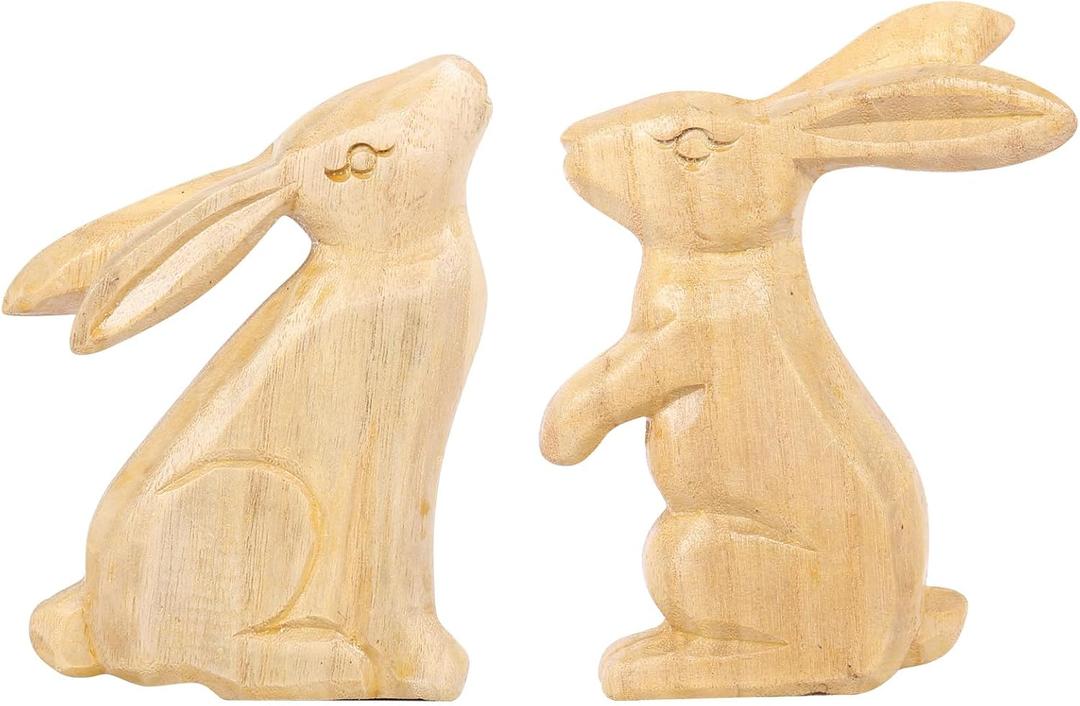 5 x RoseCraft Easter Bunny Decorations, 2PCS Wooden Rustic Handcrafted Rabbit Figurines Spring Table Top Decor, for Home Indoor Holiday Party Farmhouse (Natural)