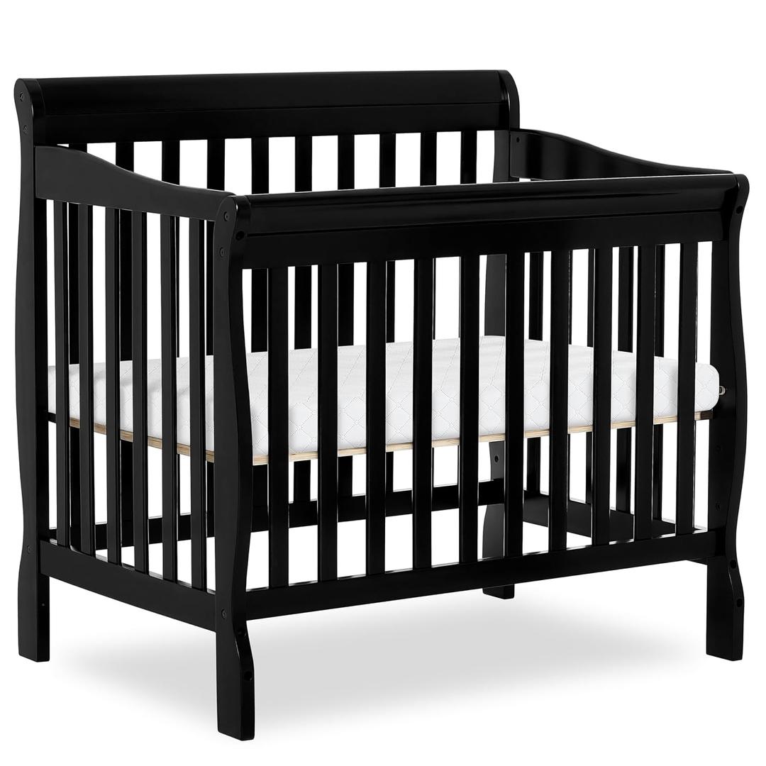 Dream On Me Aden 4-in-1 Convertible Mini Baby Crib, GREENGUARD Gold & BSA Certified, Sustainable Pinewood, Non-Toxic Finish, 3 Mattress Heights, Converts to Mini Day & Twin-Size Bed - Black