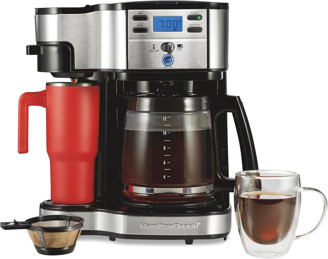 Hamilton Beach 2-Way Programmable Coffee Maker, 12 Cup Glass Carafe And Single Serve Coffee Maker, Black with Stainless Steel Accents, 49980RG