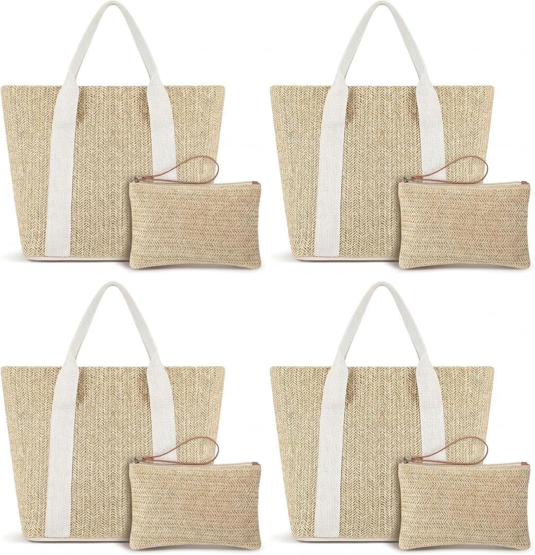 8 Set Beach Bags with Reusable Makeup Pouch Straw Gift Bag with Handle for Women Bridesmaid Bridal Wedding Gifts