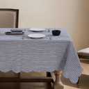 100% French Flax Linen Tablecloths Scalloped Embroidery Rectangle 84Lx60W Inch for Dinners, Parties, Spring, Machine Washable, 6-8 Sets, Blue Stripe(Edges-Blue)