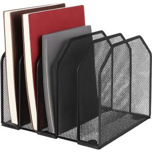 Desk File Organizer Vertical 5 Sections Metal Adjustable Magazine Holder Upright Desktop Bookshelf Organizer Stand File Sorter Office Desk Accessories Black