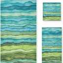 Teal Blue Green Bath Towel Set - 3 Piece Soft Absorbent Watercolor Sea Wave Striped (1 Bath, 1 Hand, 1 Washcloth) - Decorative for Bathroom, Shower, Hair, Face