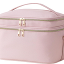 HBlife Extra Large Double Layer Travel Makeup Bag Portable Leather Cosmetic Bag Make Up Bag Makeup Case Organizer Toiletry Bag for Women Girls with Handle, Removable Divider and Shoulder Strap(Pink)