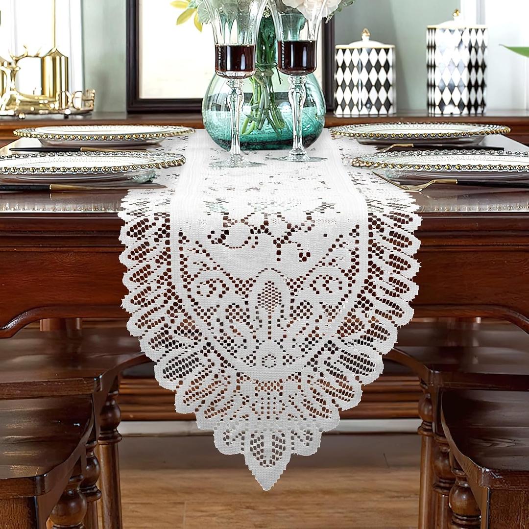 WILLBOND1Pcs Vintage Cotton Crochet Tablecloths Handmade Crochet Lace Table Runner Rectangular Lace Doilies Doily Floral Tablecloth Dining Place Mats Bedside Dresser Decor, 44x 12.5 inch, White