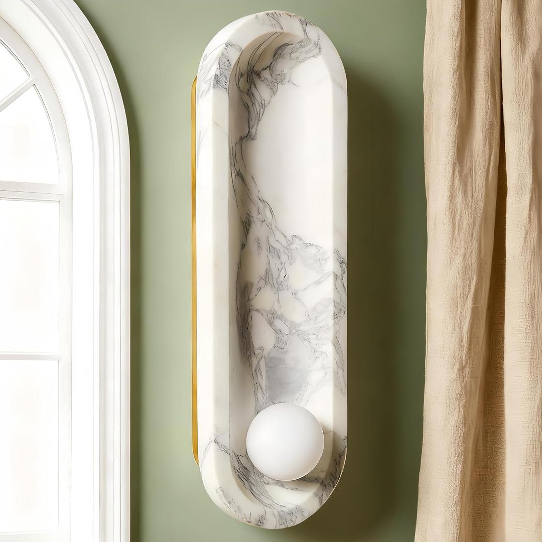 16.9 Natural Marble Wall Sconce Wall lamp, Modern Oval Wall Mounted Lighting with Milk Glass Globe Shade, Hardwired Sconce for Dining Room, Stairs, Bedroom, Hallway, Kitchen