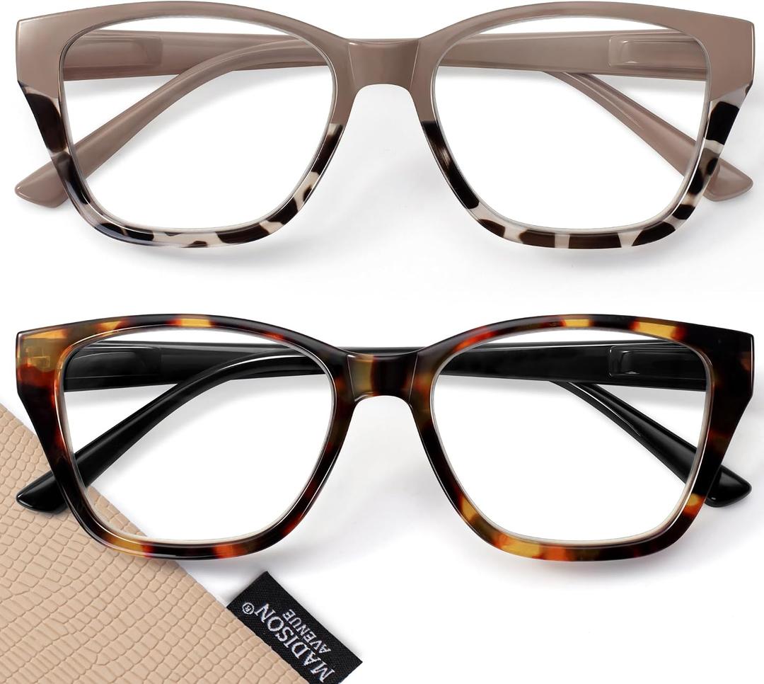 Madison Avenue 2 Pack Cateye Blue Light Blocking Reading Glasses for Women Spring Hinge, Vintage Computer Readers Eyeglasses Demi Brown +1.0