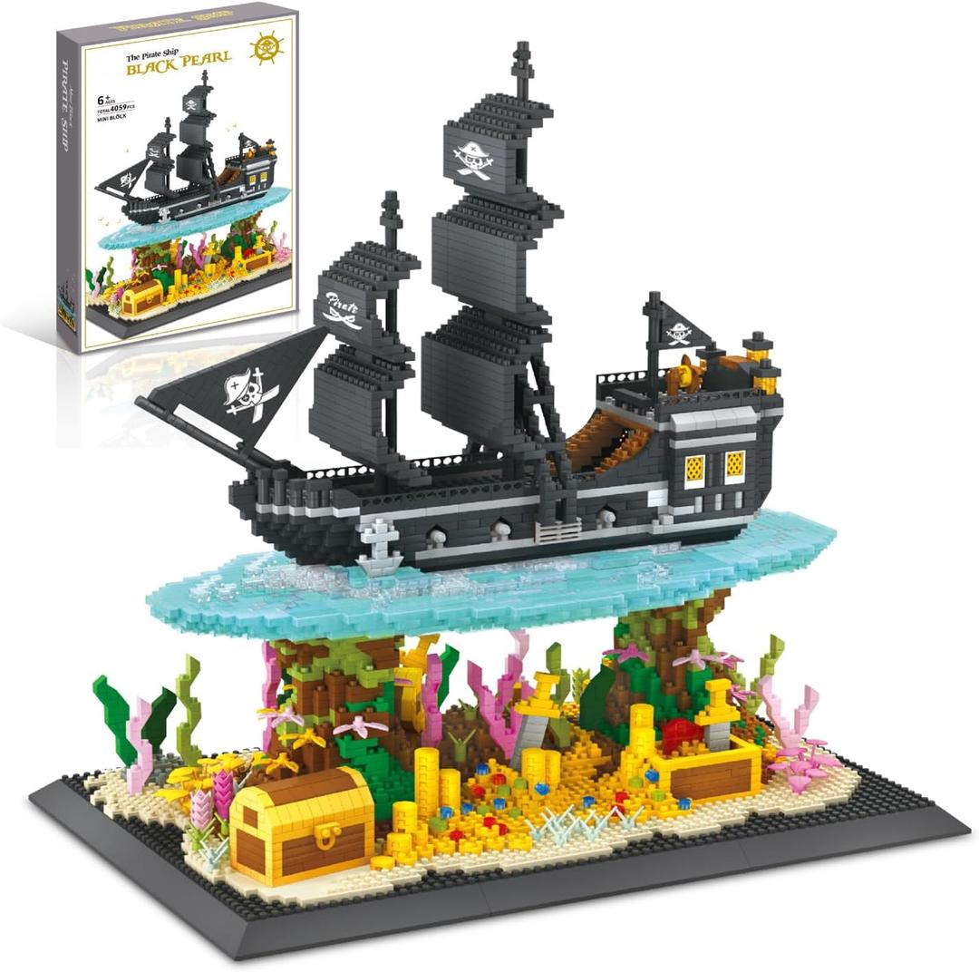 Pirates Ship Model Building Blocks Kits,Classic Mini Micro Blocks Building Set,4059PCS+,MOC Black Pearl Sailboat with TreasureCollectible Display Model, Great Gift for Adults/Teens