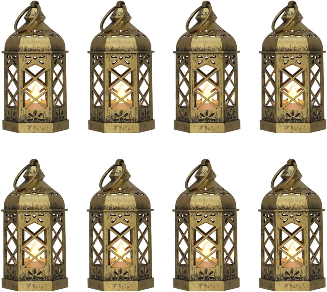 Mini Lantern with Flickering LED Candles for Halloween, LLQ (8Pack-5Inch) Vintage Decorative Candle Lanterns for Christmas Wedding Party Baby Shower Table Centerpiece, Xmas Tree Hanging Ornaments (Brushed Brass), 8 Pcs