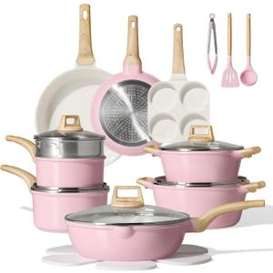 CAROTE 21pcs Ceramic Cookware Set, Pots and Pans Set, Pink, 21 Piece