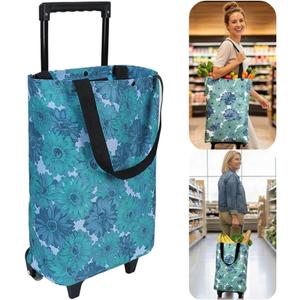 Rolling Shopping Bag, Small Shopping Cart with Wheels,Collapsible Portable Waterproof Tote for Market & Grocery RunsGift for Women & Seniors(Flower)