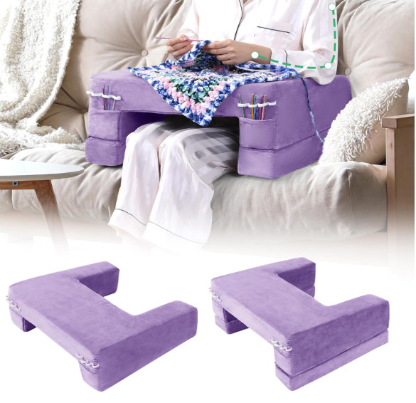 HOMBYS Adjustable Foam Crochet Pillow for Lap Support, Soft Velvet Reading & Gaming Pillow with Side Pocket and Elastic Band, Desk Pillow for Sofa, Bed & Floor, Heights for Adjusting (Purple)