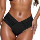 SHENHE Women's V Cut High Leg Ruched Mid Rise Bikini Bottom Swimwear Bathing Suit (Black, S)