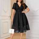 Women's Plus Size Cocktail Dress - V Neck Short Sleeve Lace Midi Dress | Semi Formal Wedding Guest Prom Attire (Large, Black)