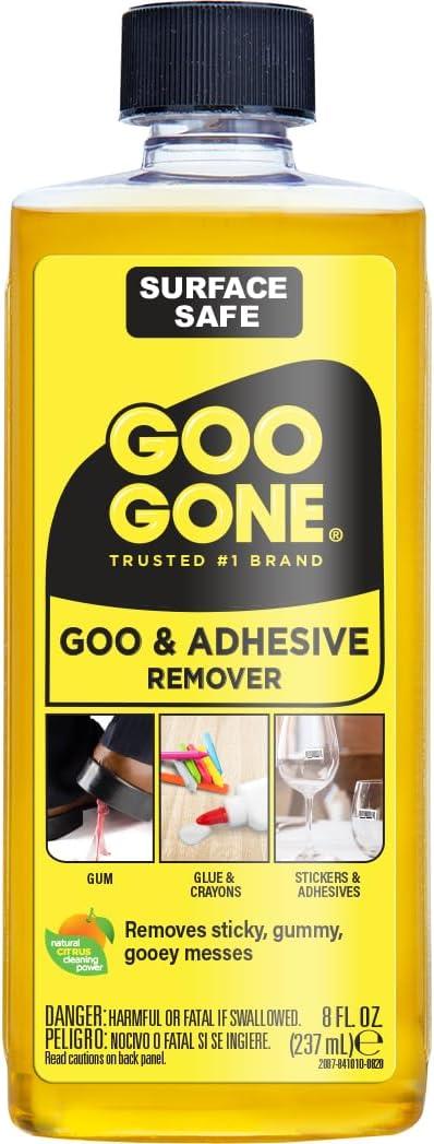 Goo Gone Adhesive Remover - 8 Ounce - Surface Safe Adhesive Remover Safely Removes Stickers Labels Decals Residue Tape Chewing Gum Grease Tar (Pack of 2)