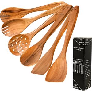 6-Piece Wooden Spoons and Utensils Set for Cooking - Smooth Finish Teak Wood Kitchen Tools with Comfort-Grip - Non-Stick Spoons, Spatula, Turner, Skimmer