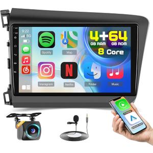 [8 Core 4+64GB] Android 15 Car Stereo for Honda Civic 2012-2015 with Wireless Carplay Android Auto, 9 Inch HD Touchscreen Car Radio with GPS WiFi Bluetooth FM/RDS EQ DSP 59UI SWC Backup Camera