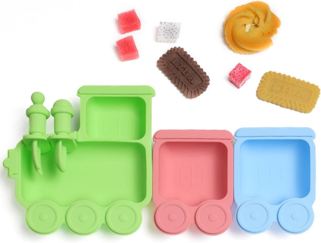 Baby Suction Plate Silicone, 5 Piece Baby Feeding Set - Non Slip Unique Trains Toddler Plates with Fork Spoon, Kids Baby Weaning Plate for No More Meal Time Mess (Green)