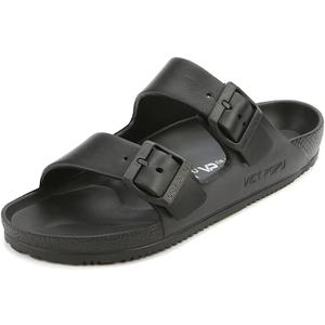 VICT POPU Womens Sandals Adjustable Double Buckle Strap Waterproof EVA Flat Slides (8, Black)