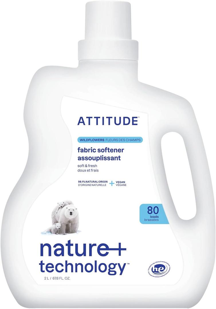 ATTITUDE Liquid Fabric Softener, Plant-Based & Vegan, HE Compatible, Naturally Derived, Wildflowers Scent, 80 Loads, 67.6 Fl Oz ATTITUDE Liquid Fabric Softener, Plant-Based & Vegan, HE Compatible, Naturally Derived, Wildflowers Scent, 80 Loads, 67.6 Fl Oz