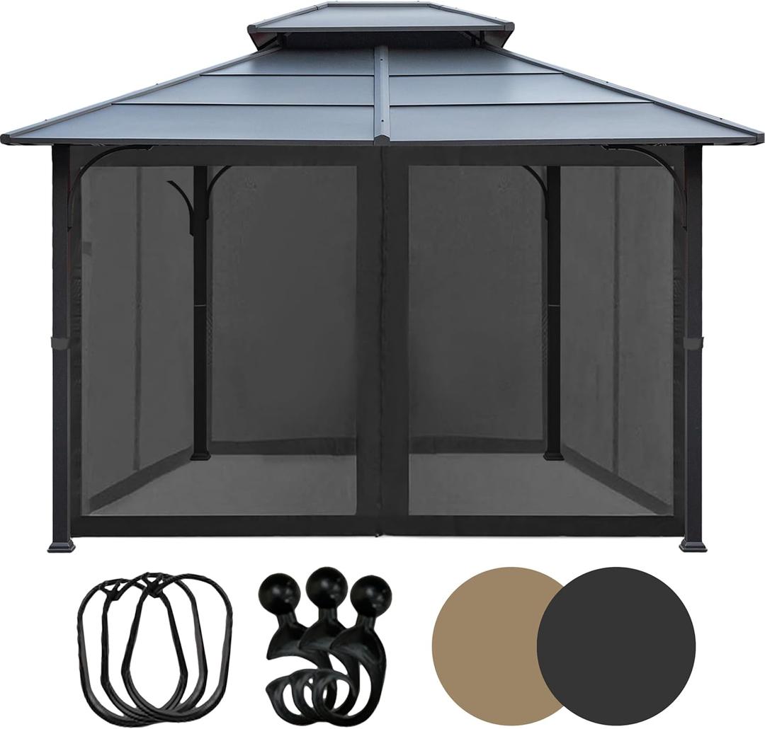 Tradesparker 10x10 Gazebo Replacement Mesh Walls,4-Sided Mosquito Screen Netting with 48Curtain Rings & 48Rail HooksBlack (Universal Fit for Gazebo & Pergola)